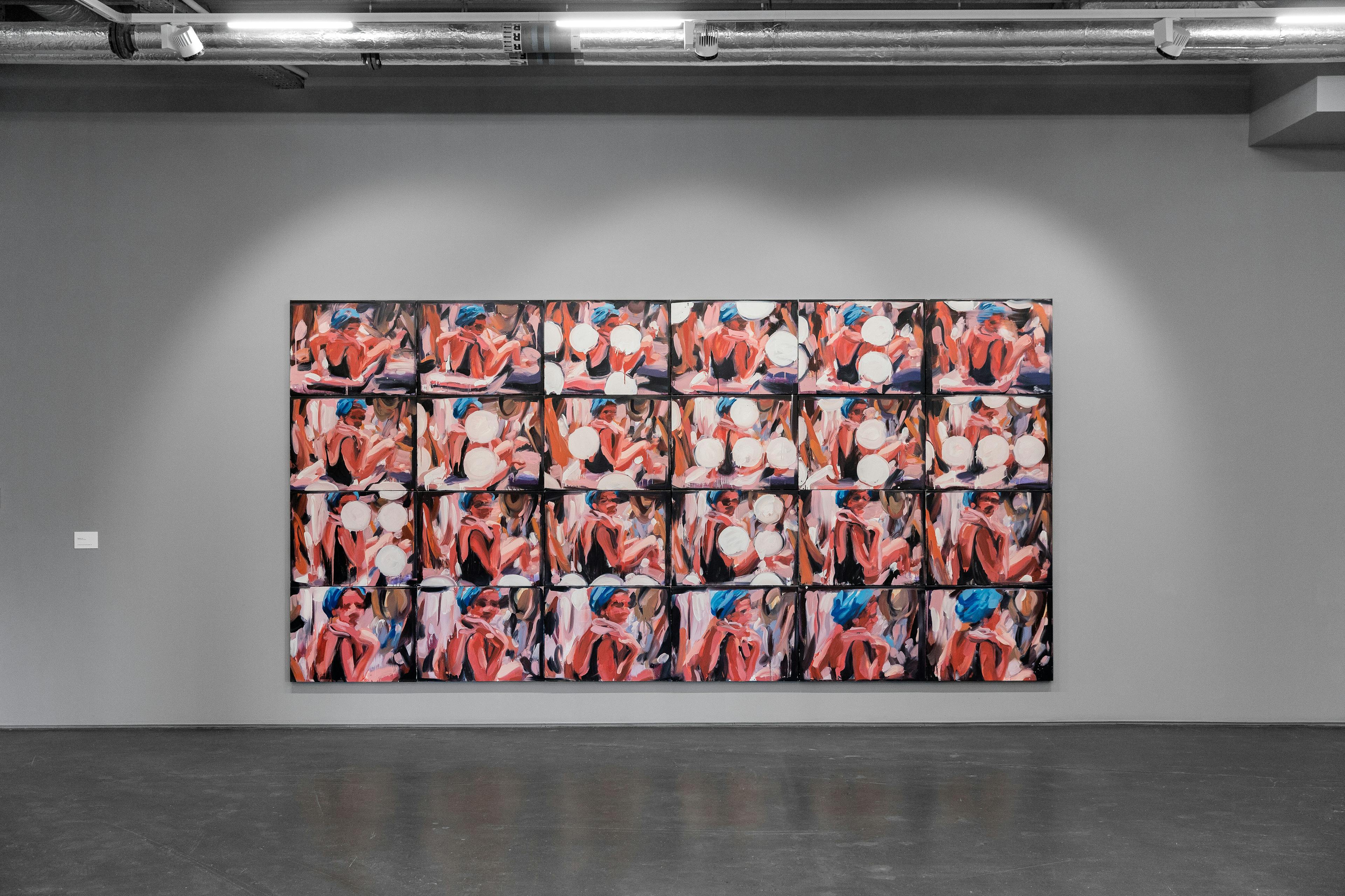 A large 24 panel painting by Laura Lancaster featuring frames from film stills