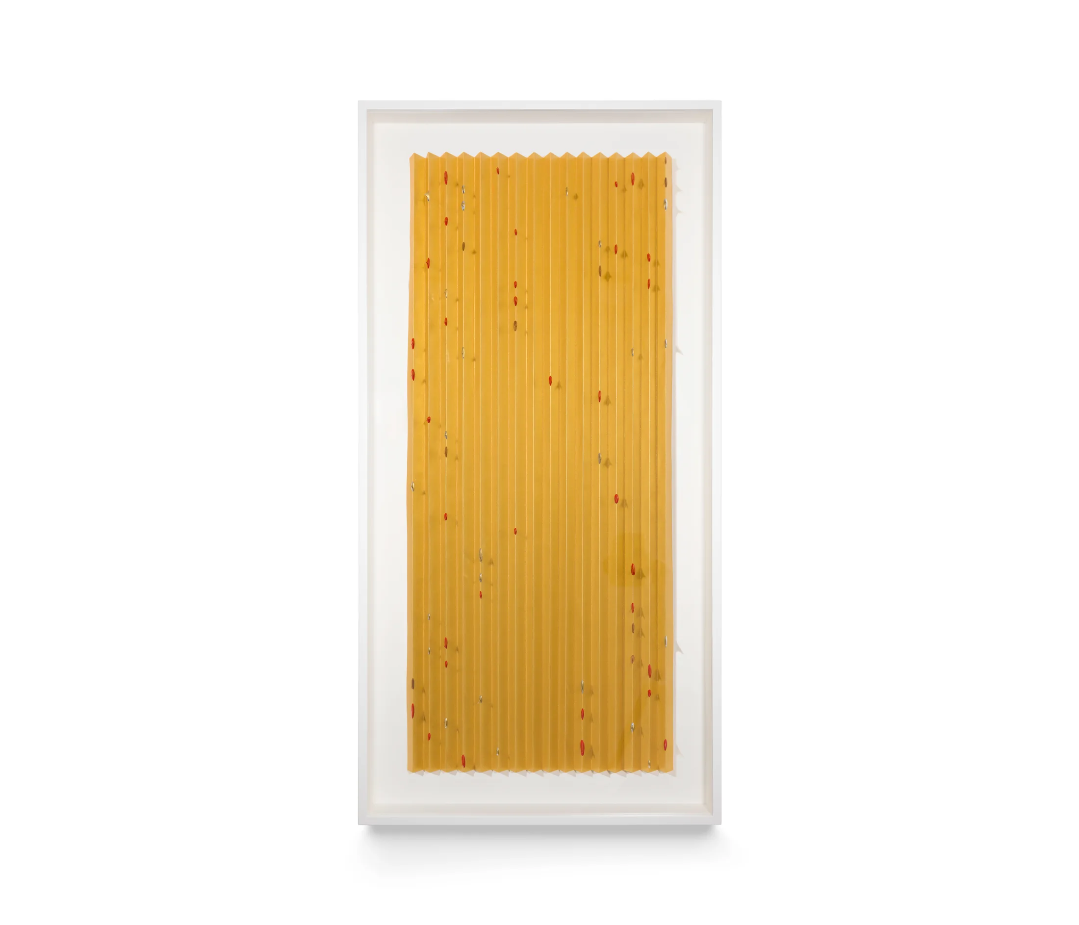 Artwork by Alice Channer, pleated gold paper with silver and red metalised thorns fixed throughout