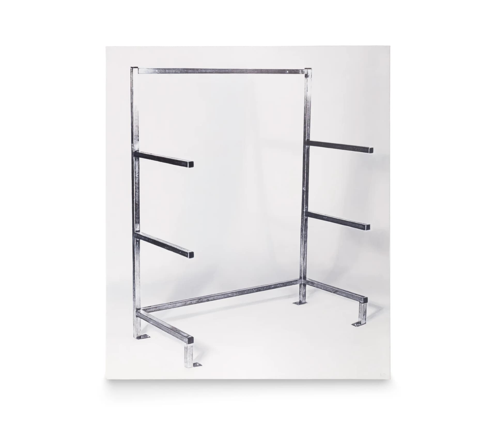 A painting of an unadorned metal frame on a white background