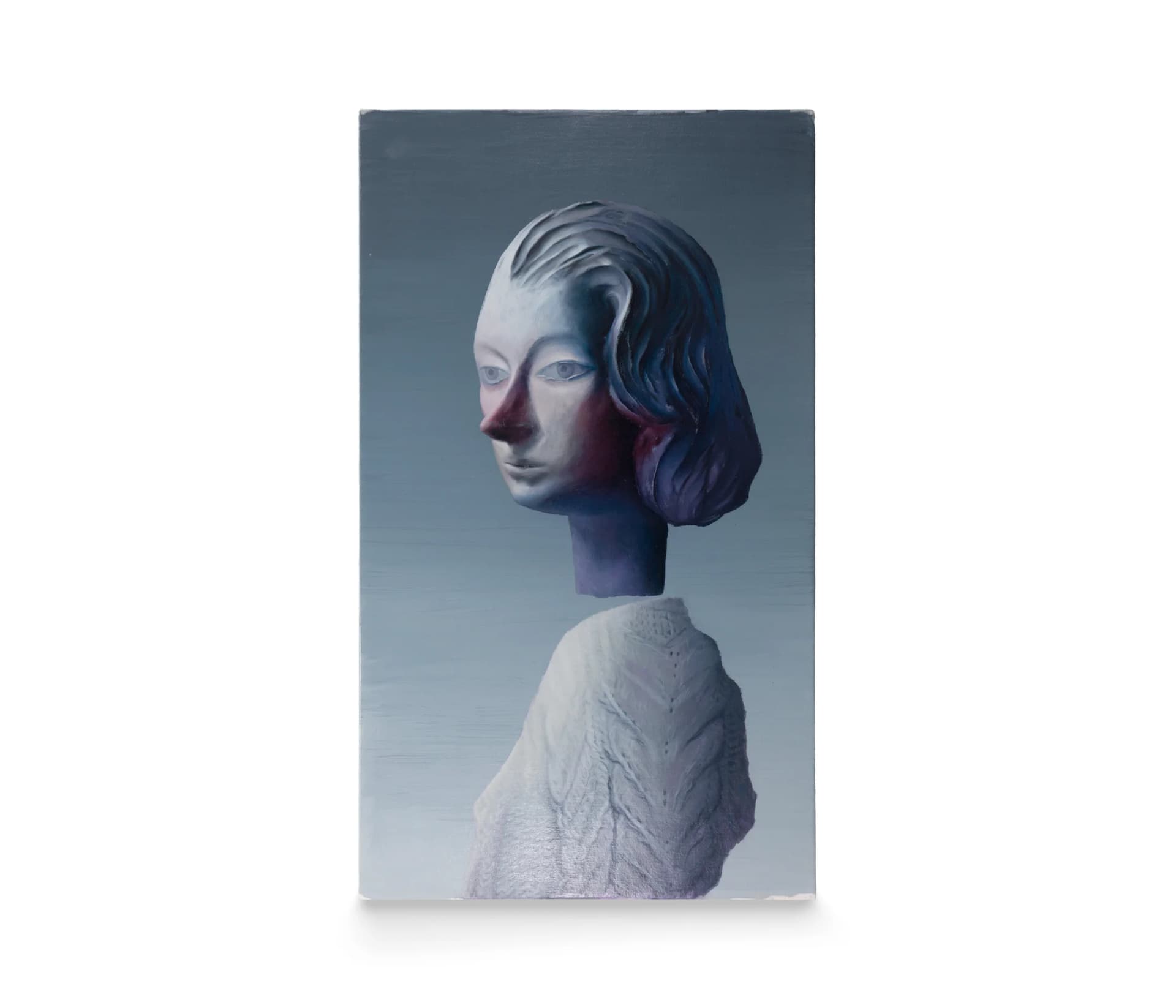 A painting by Damien Meade of a woman seemingly made of a clay like substance, her head floating above her body