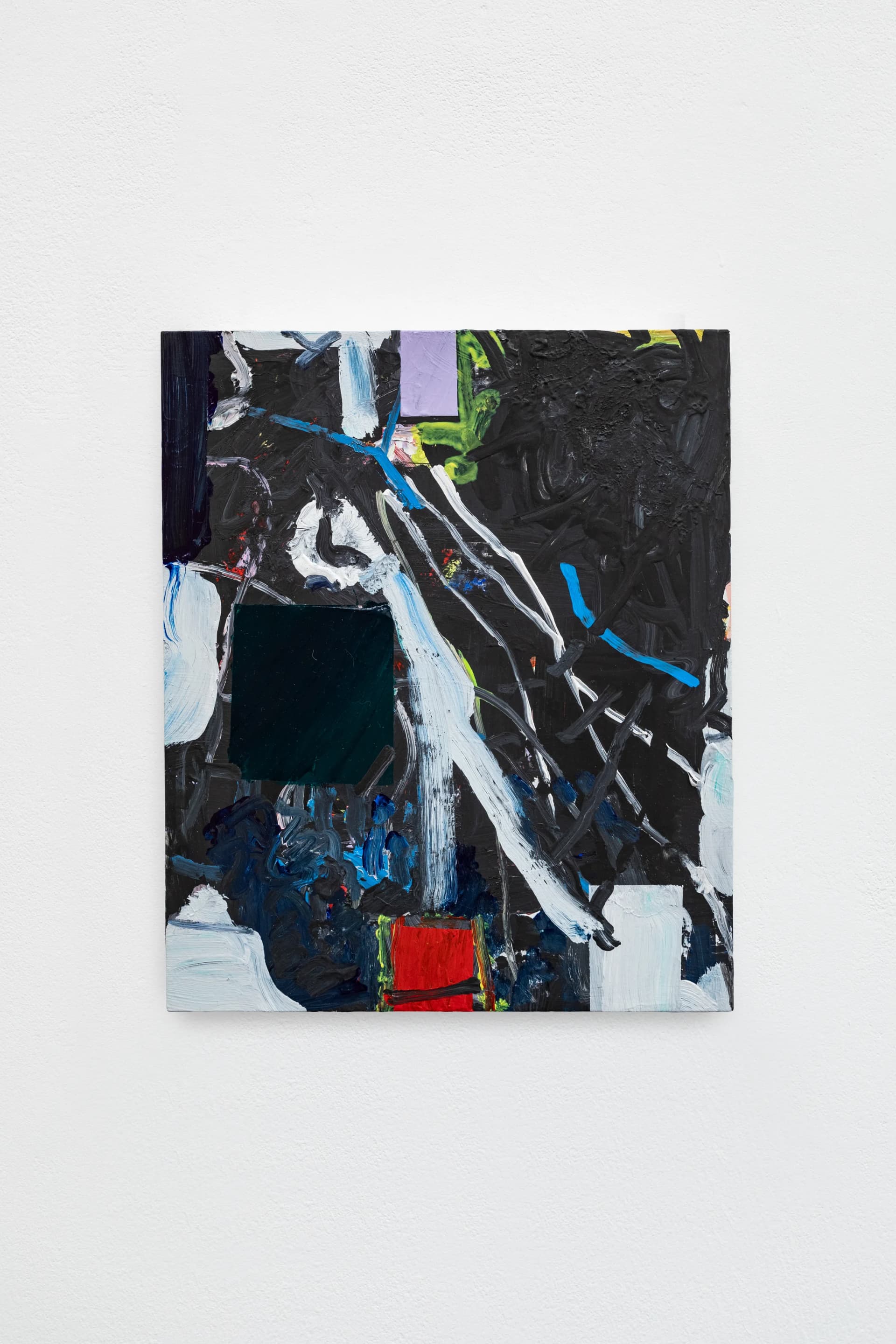Painting by Hayley Tompkins, abstract with black, blue, white and red shapes
