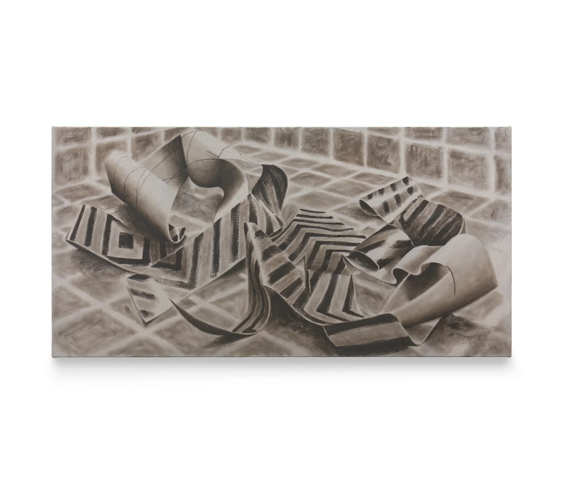 A painting by Jack Otway of a gridded room with a torn up striped artwork in it