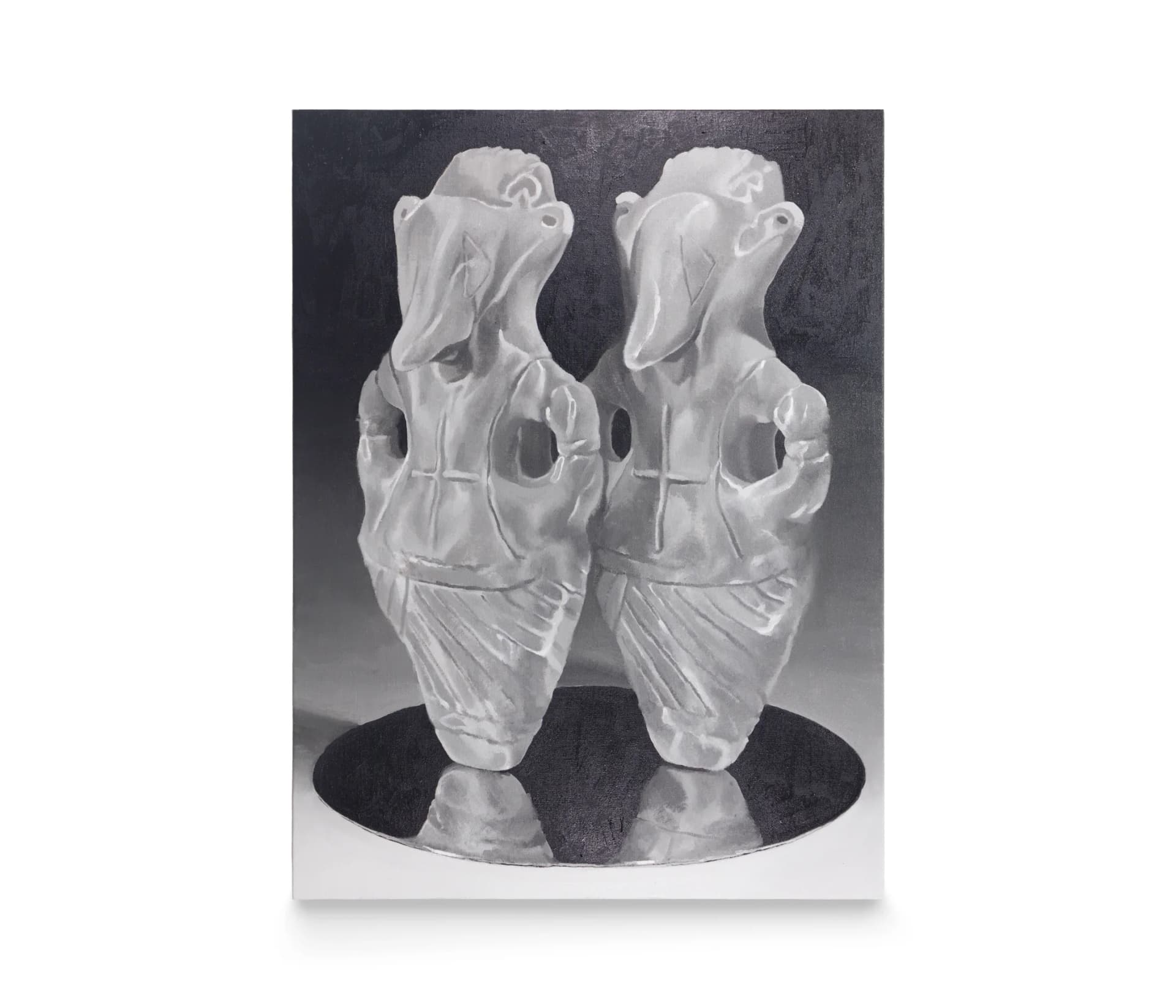 a painting by Robin Megannity of two anthropomorphic, animal like sculptures on a mirror